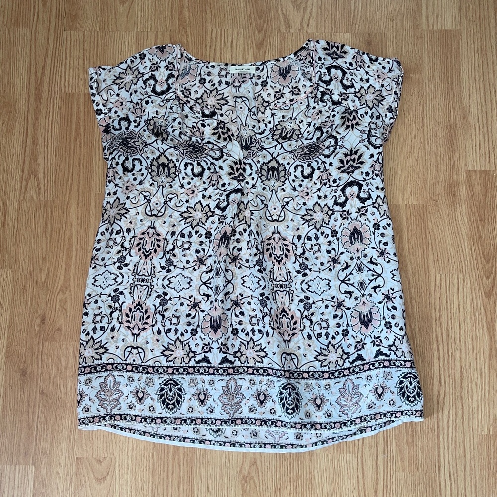 Max Studio Black White & Light Pink Loose Fit Chiffon Short Sleeve Top / Blouse